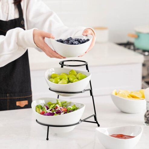 3 PCs Ceramic Server Set with 3-Layer Collapsible Metal Stand