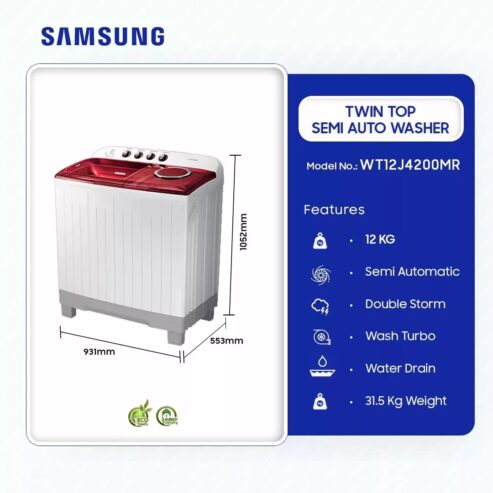 Samsung 12kg Twin Top Semi Auto Washer Washing Machine Wt12j4200mr