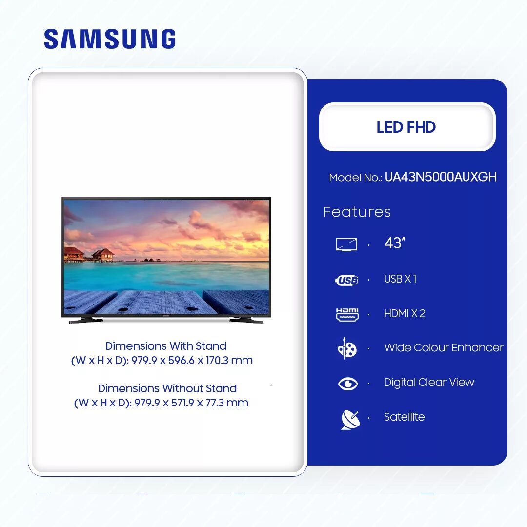 Samsung 43 Inch Digital Satellite Led Full Hd Tv Ua43n5000auxgh