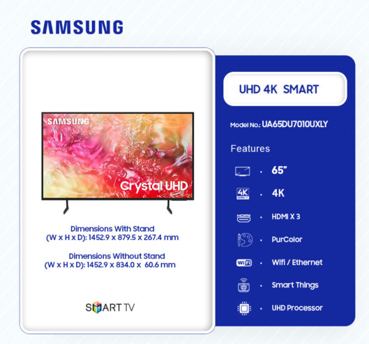 Samsung 65″ Crystal Uhd 4k Smart Tv Ua65du7010uxly