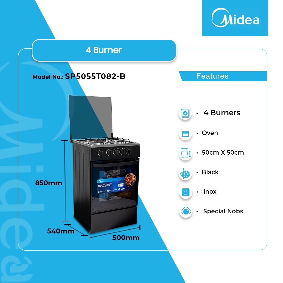Midea 4 Burner Gas Cooker Black Mirror Sp5055t082 B