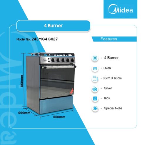 Midea 4 Burner Gas Cooker Silver 24lmg4g027