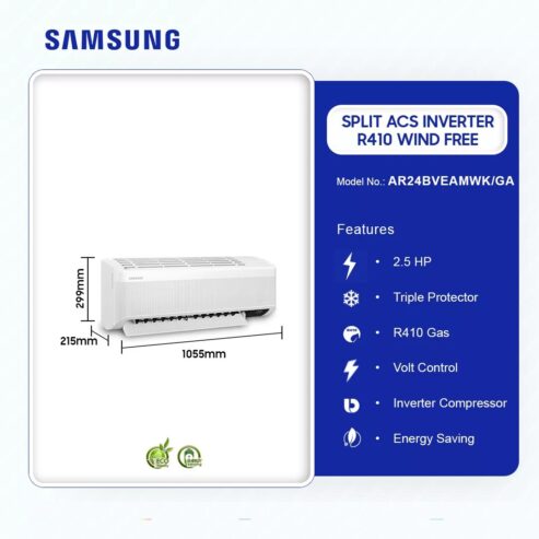 Samsung 2.5hp Wind Free Split Acs Inverter R410 Ar24bveamwk/Ga